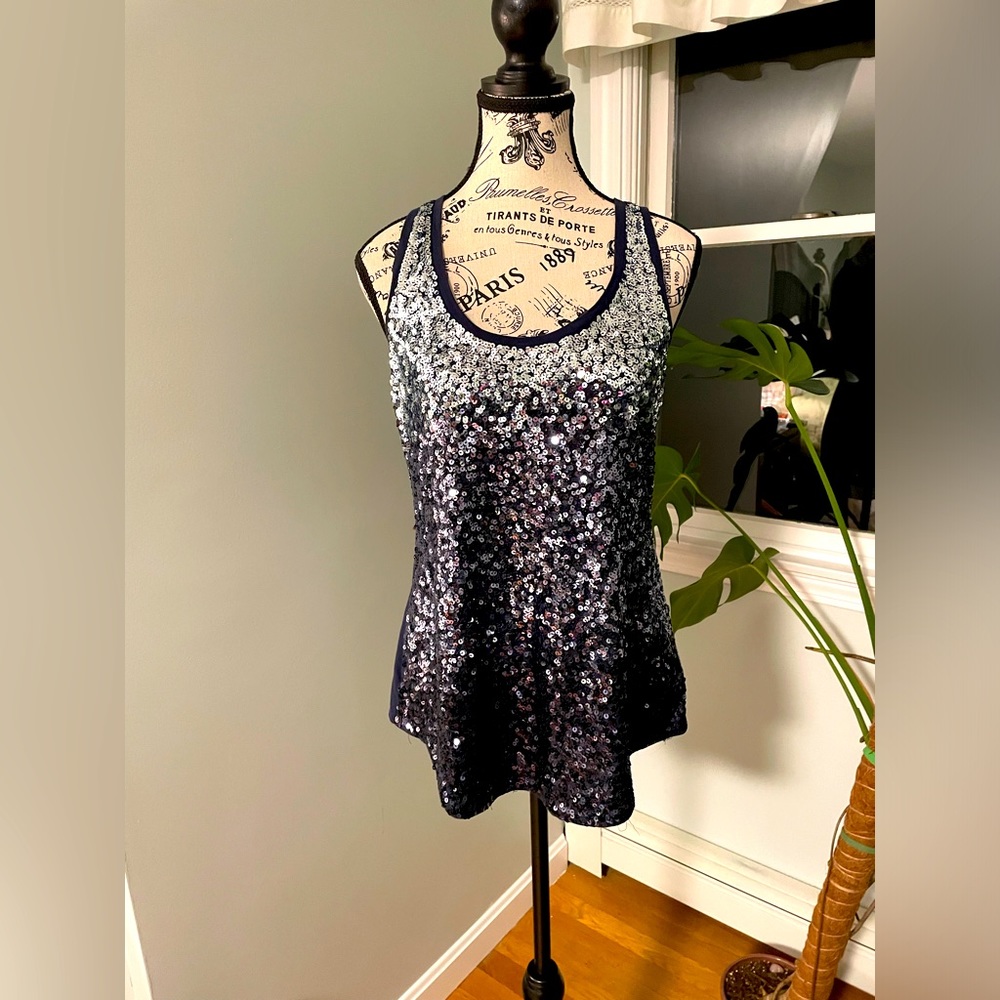Express sequined ombré navy blue tank top
